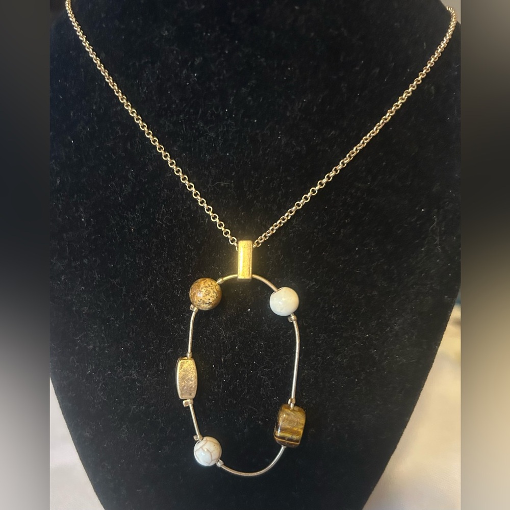 Chic Brown, Gold and White Beads on a Gold Tone Necklace